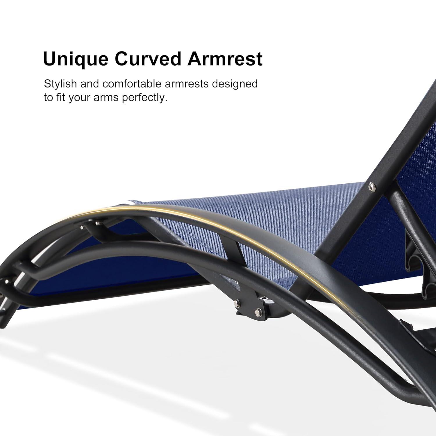 PURPLE LEAF Patio Chaise Lounge Set Outdoor Beach Pool Sunbathing Lawn Lounger Recliner Outside Tanning Chairs with Arm for All Weather Side Table Included Navy Blue