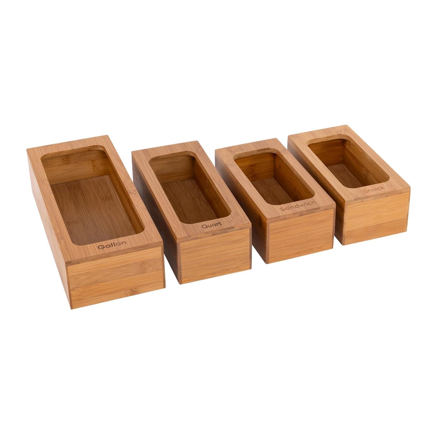 Seville Classics Bamboo Ziplock Food Storage Bag Dispenser (Set of 4)