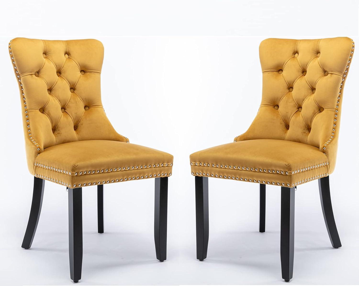 Luxurious Golden Velvet Tufted Dining Chair Set with Wood Legs and Nailhead Trim - Set of 2