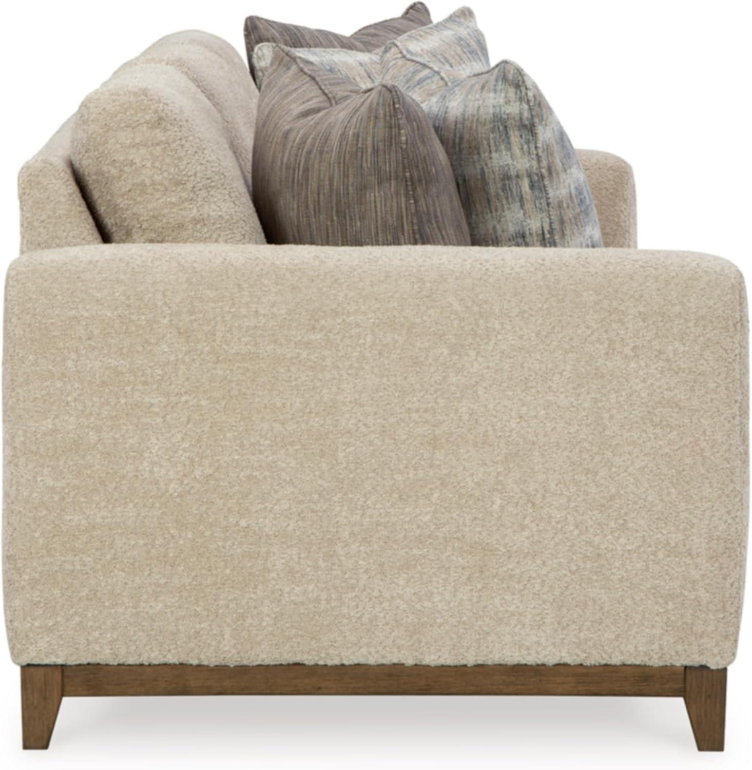 Beige Fabric Stationary Sofa with Wood Trim