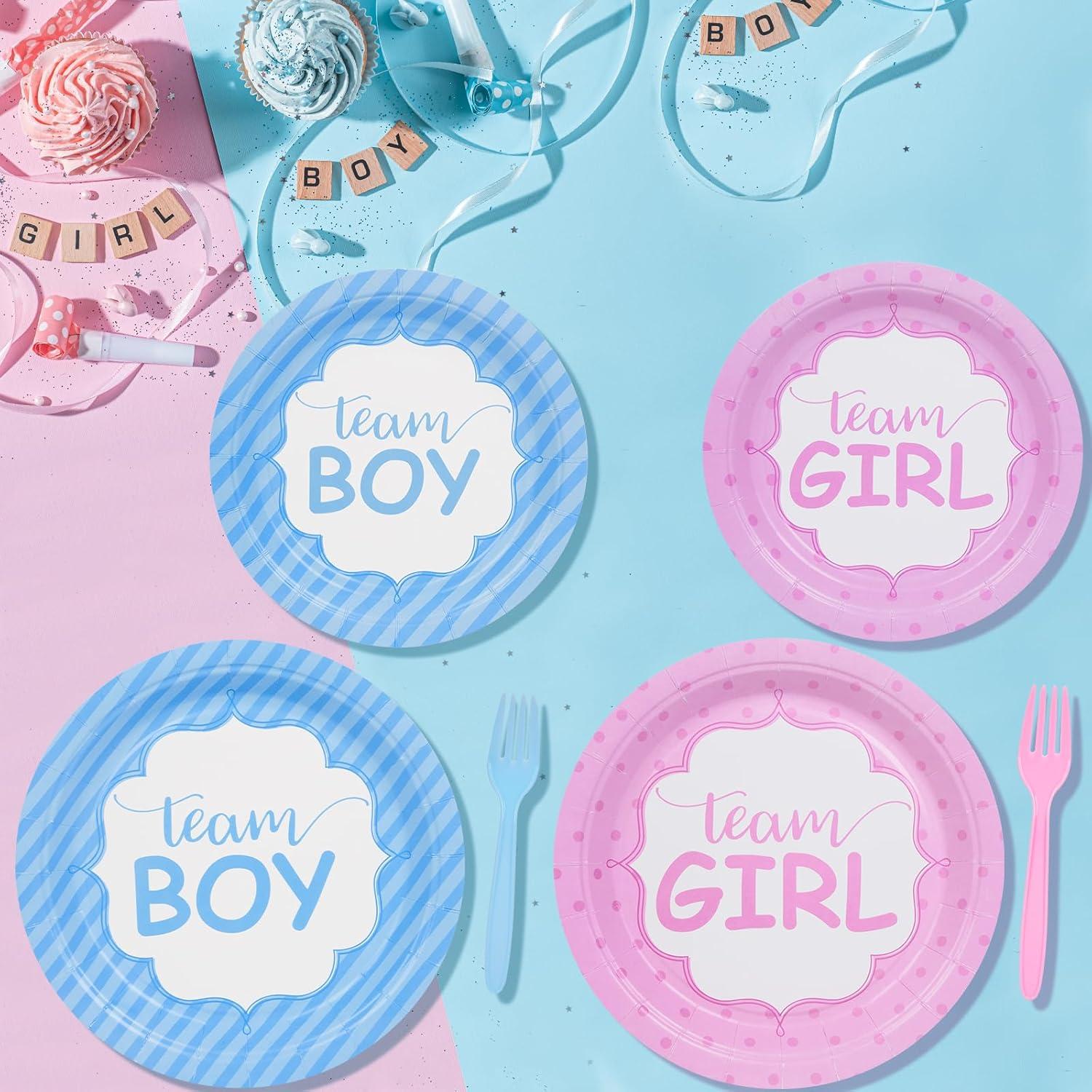 DECORLIFE Gender Reveal AJH3 Plates Serves 24, Boy or Girl Gender Reveal Party Supplies Includes Napkins and Forks for Baby Shower Reveal Party Decorations, Total 96PCS