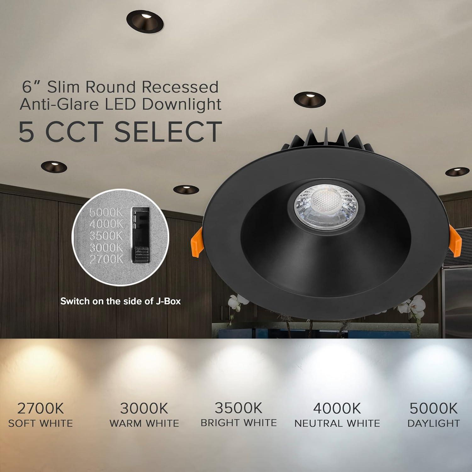 Maxxima 6” Ultra-Thin Recessed Anti-Glare LED Downlight, Canless IC Rated, 1200 Lumens, 5 Color Temperature Select 2700K/3000K/3500K/4000K/5000K, Dimmable, Black Trim, 90 CRI, 5CCT Slim J-Box Included