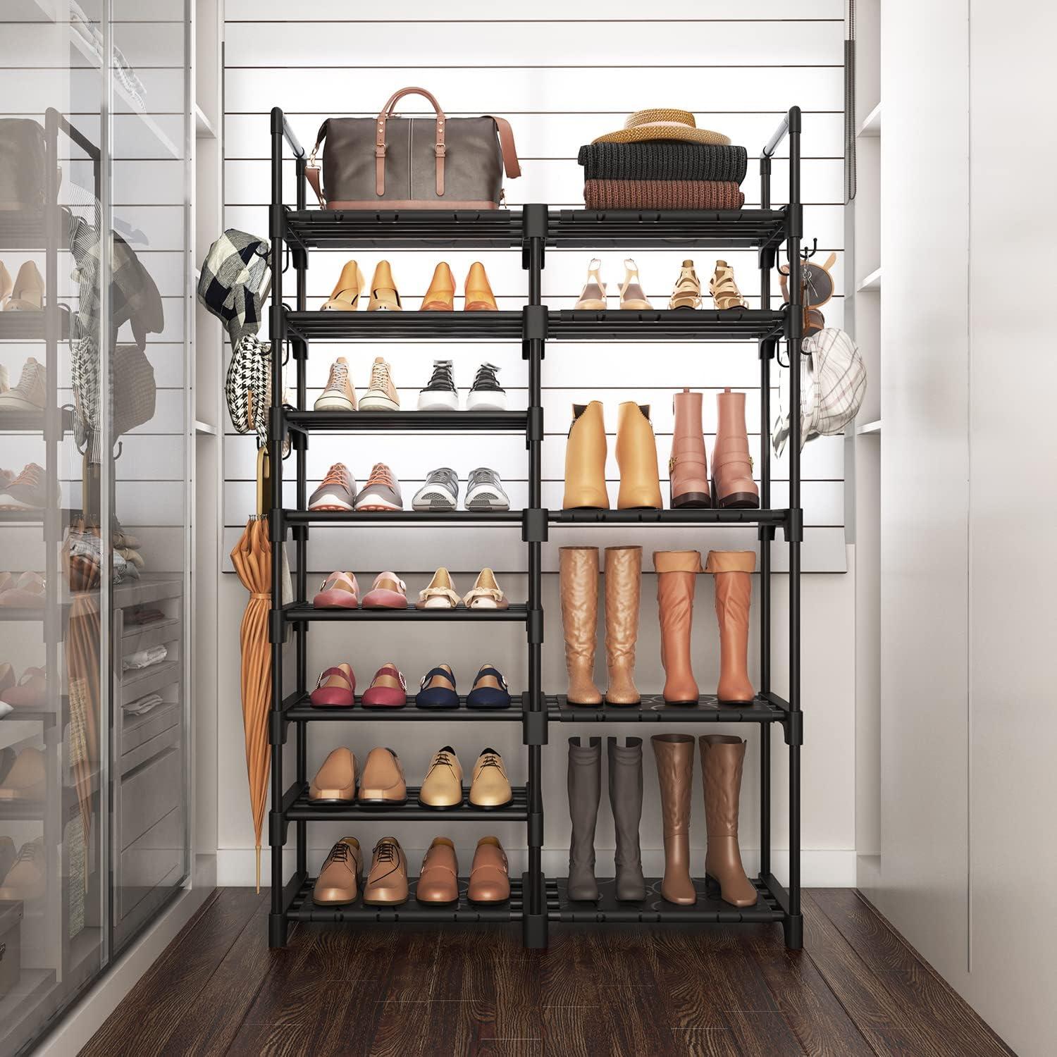 Black 8-Tier Metal Shoe Rack with Hooks