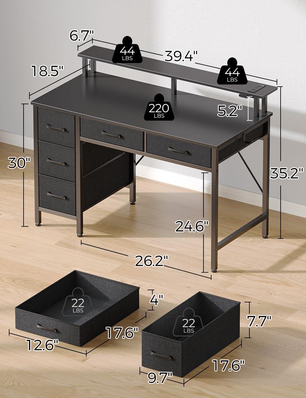 Computer Desk with Power Outlets & LED Light, 39 inch Home Office Desk with 5 Drawers, Writing Desk with Monitor Stand,Work Desk for Home Office, Black