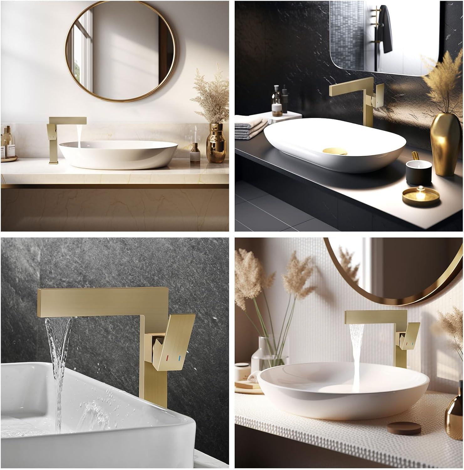 Brushed Gold Tall Single Handle Vessel Sink Faucet