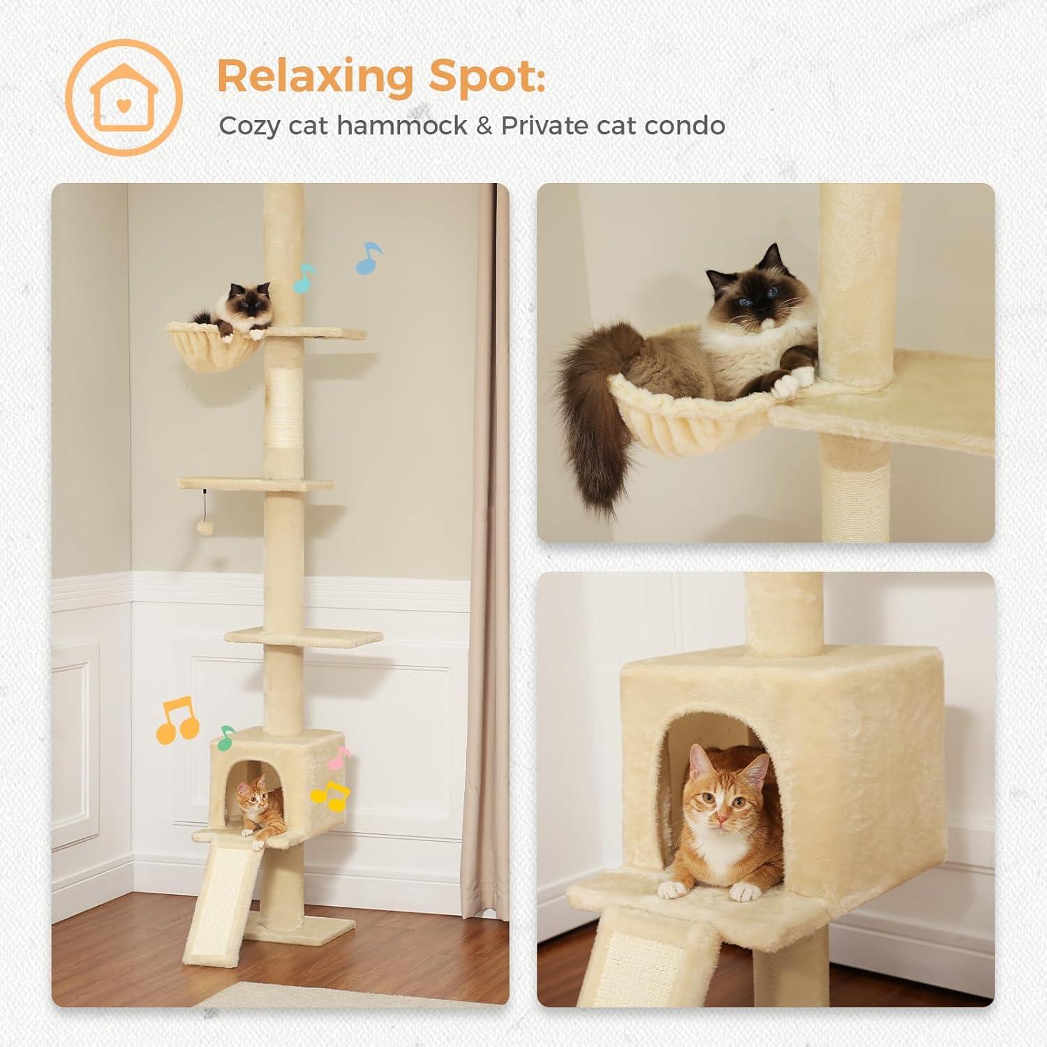 Adjustable Height Floor To Ceiling 5-Tier Tall Cat Tree Tower For Indoor Cats With Cat Condo, Cat Scratching Post And Cat Ladder