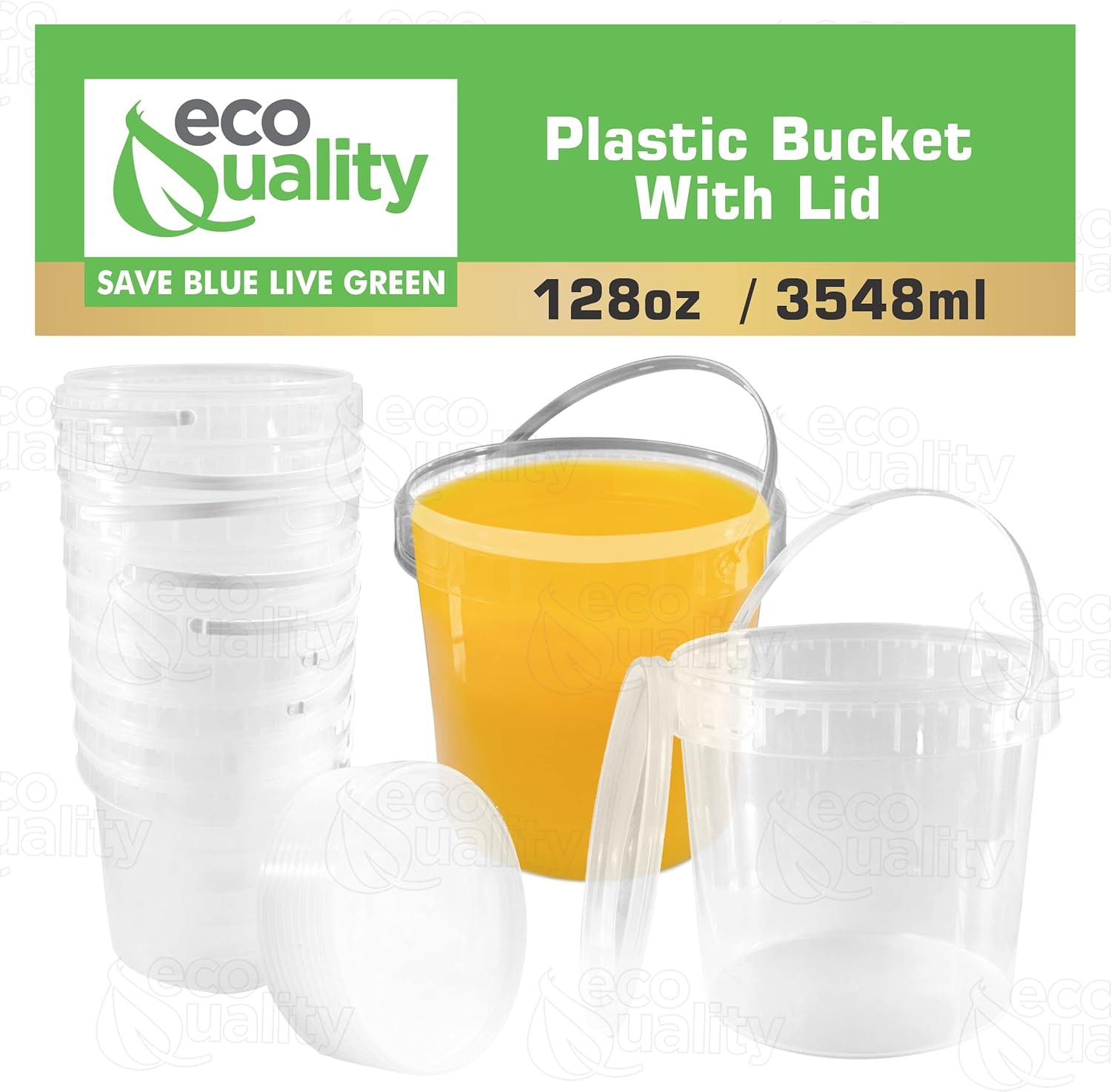 1 Gallon (128 oz) Clear Plastic Bucket with Lid and Handle (3 Pack), Ice Cream Tub with Lids - Food Grade Freezer and Microwave Safe Food Storage Containers, Round Plastic Pail Container, BPA