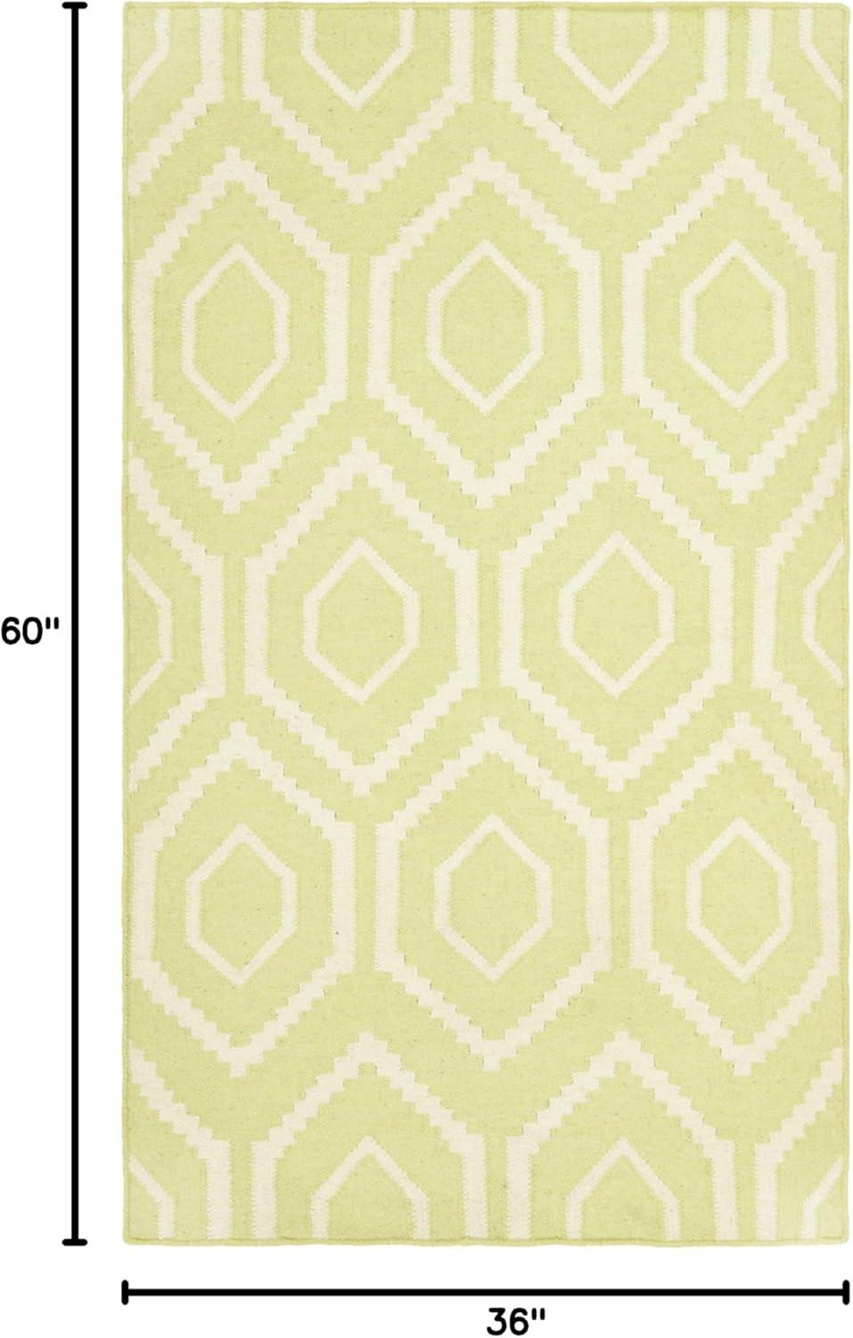 Ivory and Light Green Geometric Wool Flatweave Rug, 3' x 5'