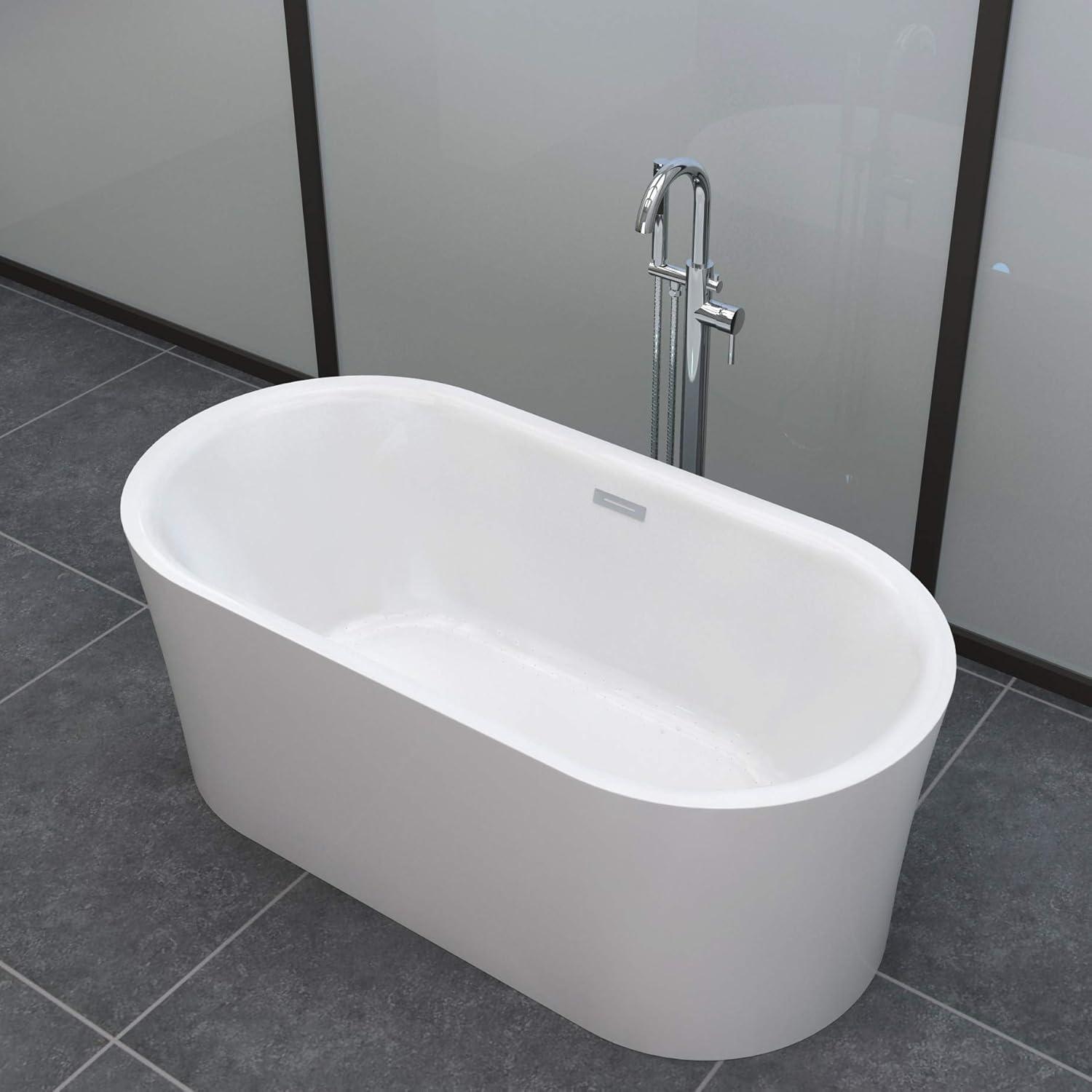 59'' White Acrylic Freestanding Soaking Bathtub with Brushed Nickel Overflow