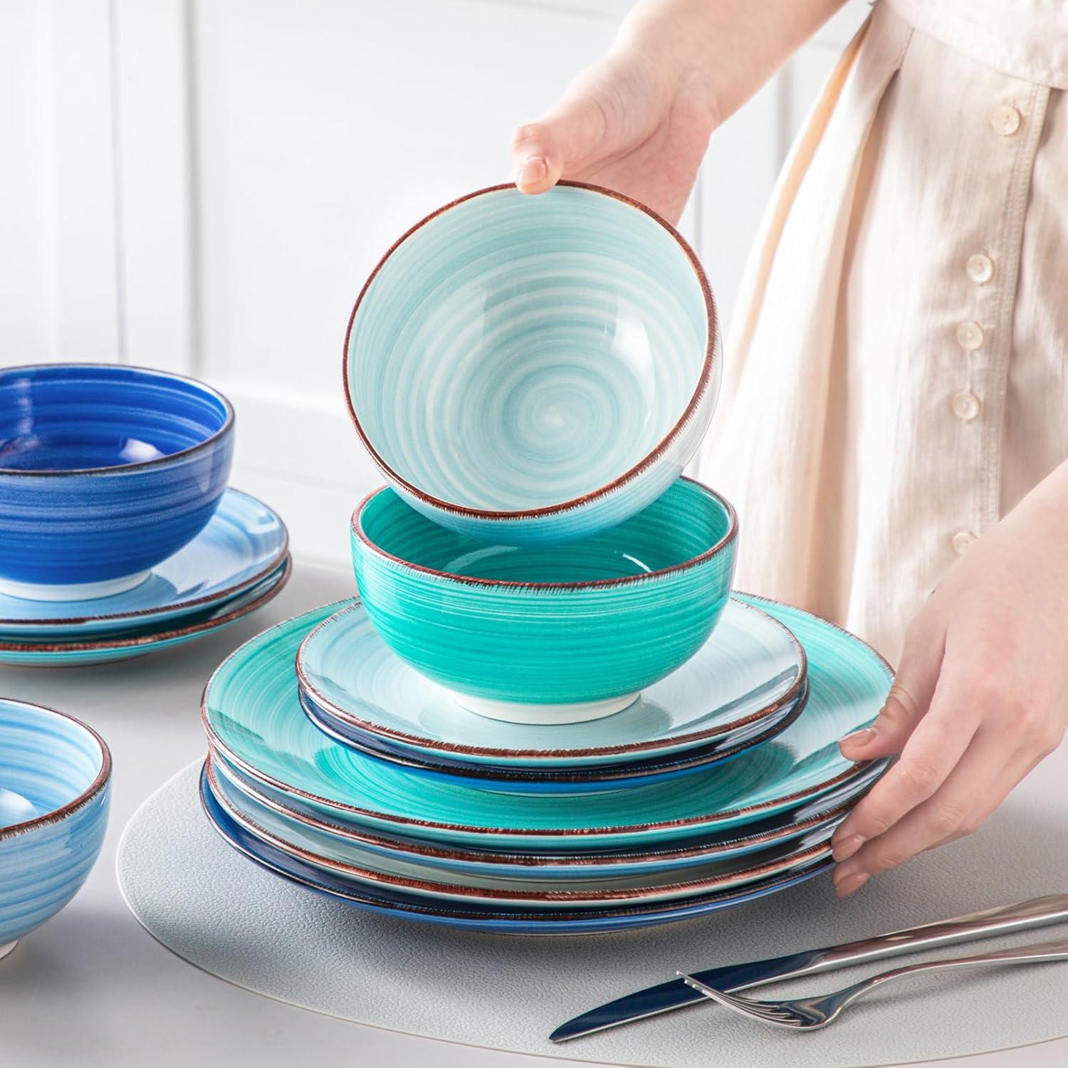Bonita Blue Dinnerware Sets, Plates and Bowls Set for 4, 12 Pieces Stoneware Dinnerware Set, Dishwasher and Microwave Safe