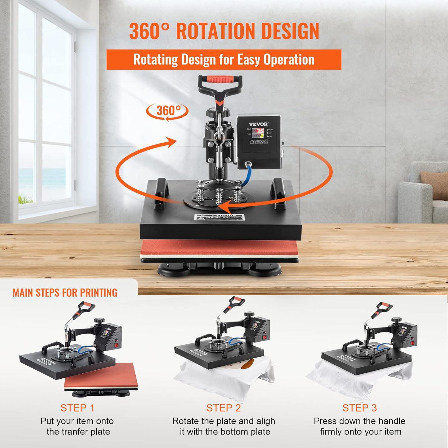 15x15 Black Multifunctional Heat Press Machine with 360° Rotation