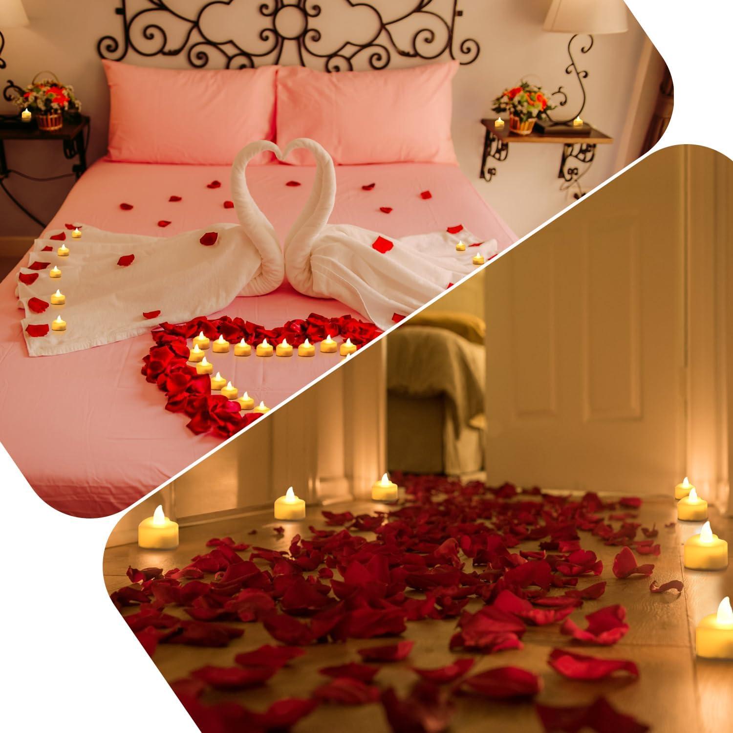 Red Flameless LED Tealights with Artificial Rose Petals Kit