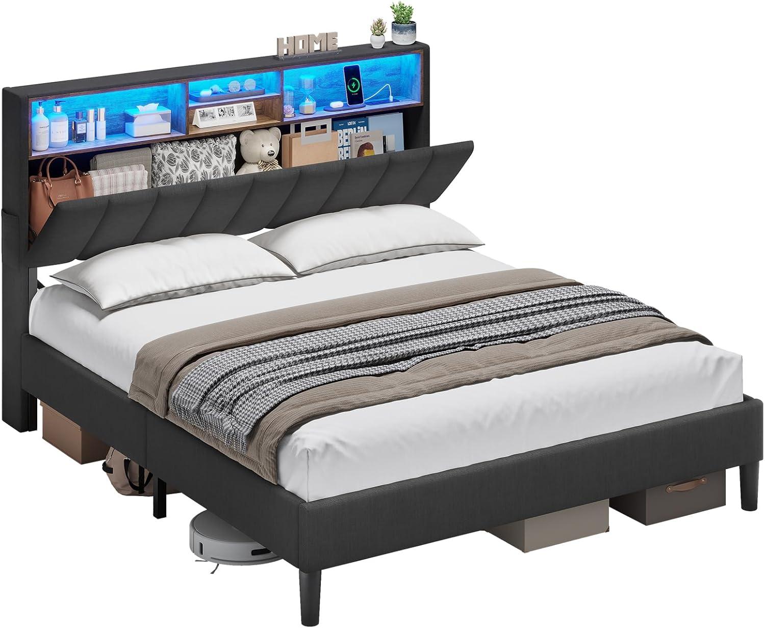 Full Size Platform Bed Frame with LED Lights Storage Headboard&Charging Stations,LED Upholstered Bed Frame Mattress Foundation, Button Tufted Design, Dark Grey