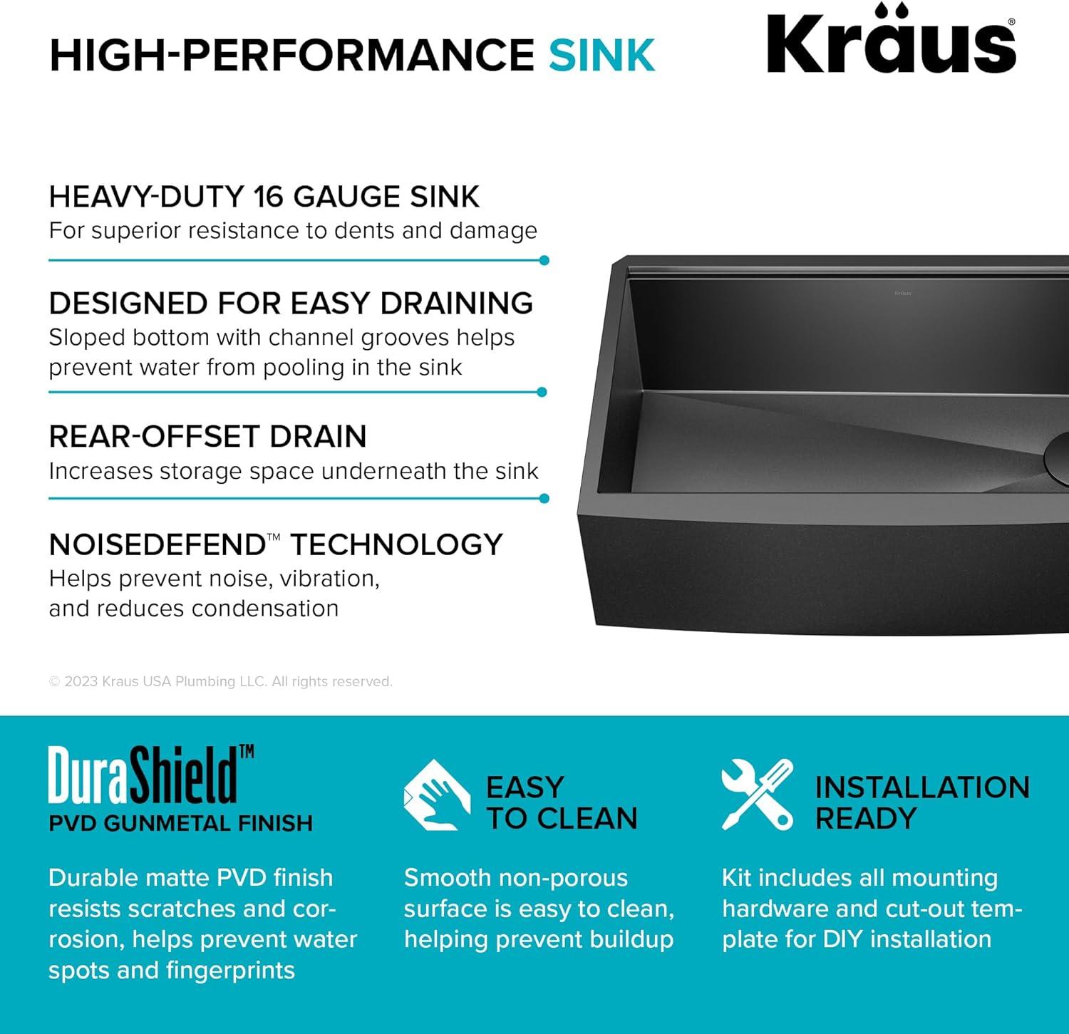 KRAUS Kore™ Workstation Farmhouse Apron Front 16 Gauge Single Bowl Kitchen Sink