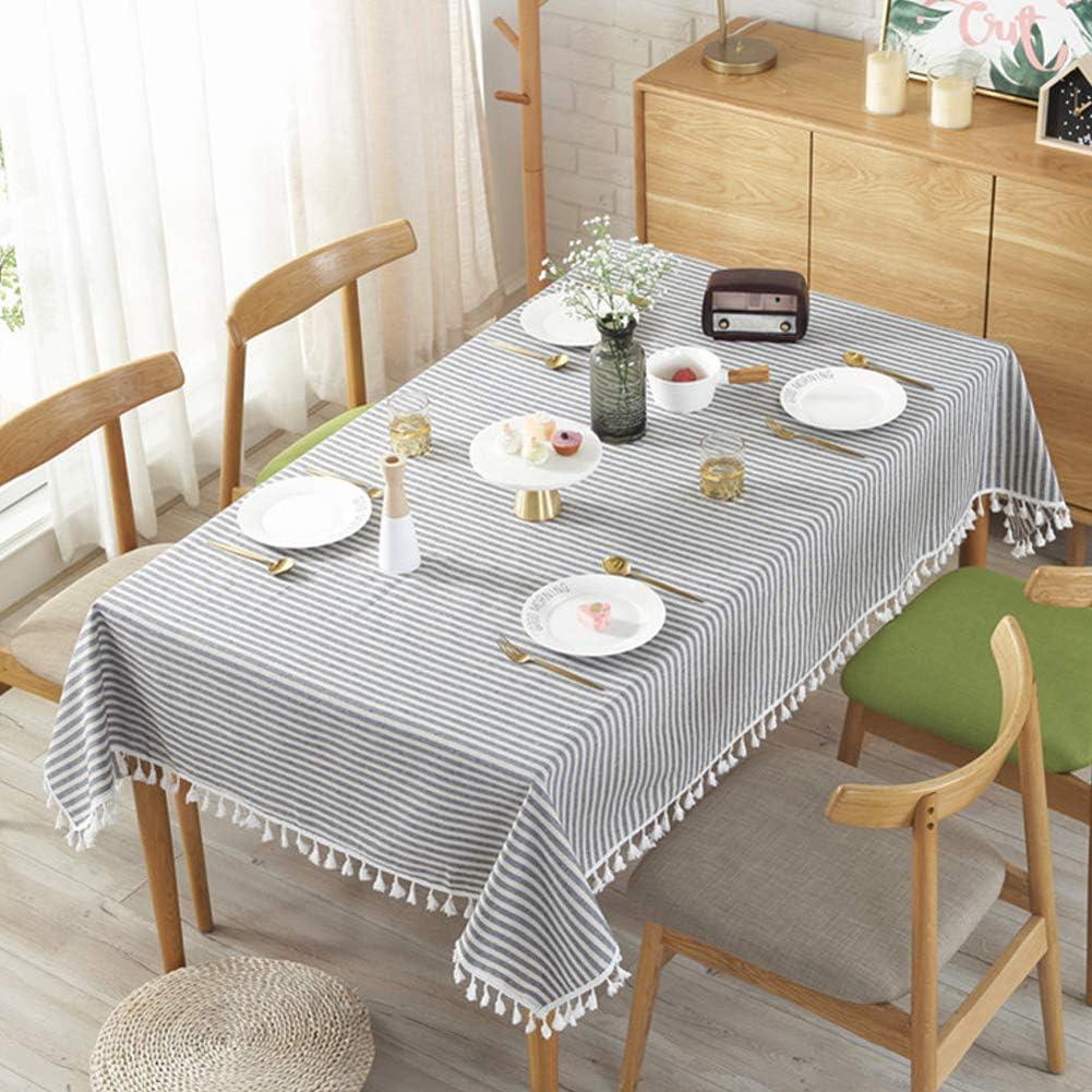 AMZALI Stripe Tassel Tablecloth Cotton Linen Stain Resistant/Dust-Proof Waterproof Table Cover for Kitchen Dinning Tabletop Decoration (Rectangle/Oblong,55 x 87 Inch, Blue)