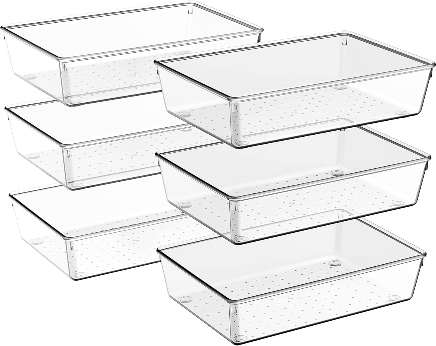 ihomecooker 3 Pack Clear Plastic Drawer Organizer Tray Cutlery Utensil Makeups Drawer Silverware Organizers 12" X 6"… (6P(6X6+6X9+6X15))