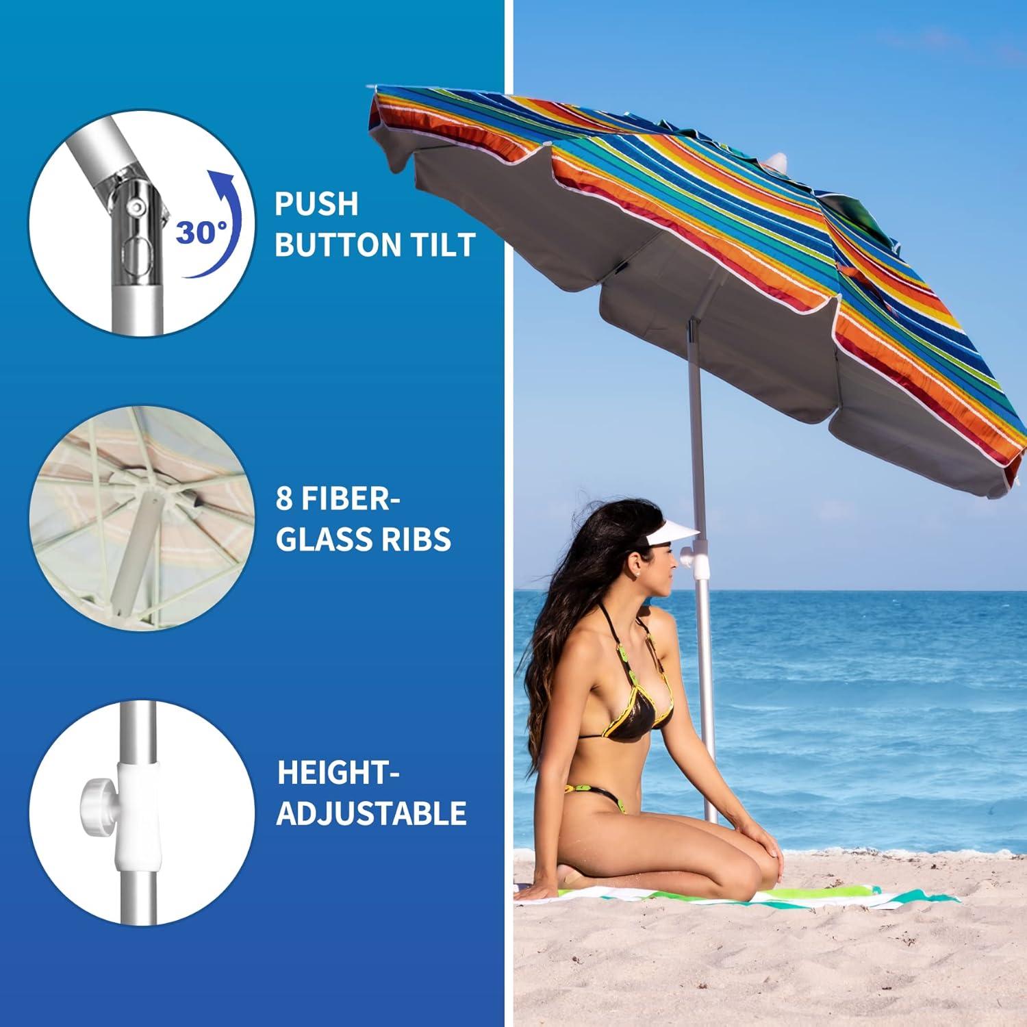 6.5ft Multicolor Striped Beach Umbrella with Aluminum Pole