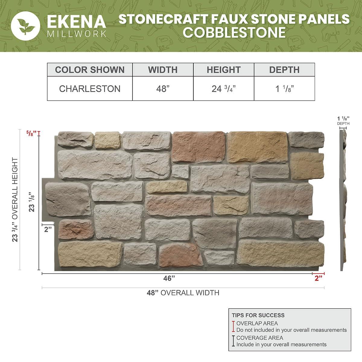 EverStone Cobblestone Faux Stone Panel, 48"W x 23 3/4"H x 1 1/8"D, Rustic Roast Color
