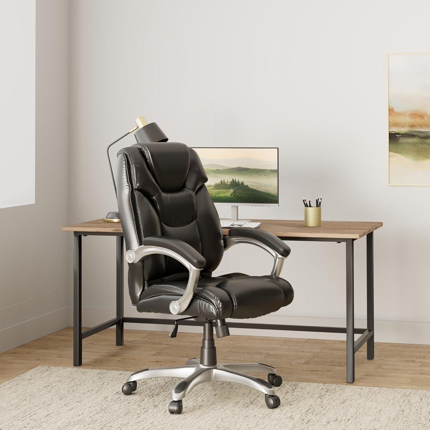 BizChair High Back Black LeatherSoft Layered Upholstered Executive Swivel Ergonomic Office Chair with Silver Nylon Base and Arms