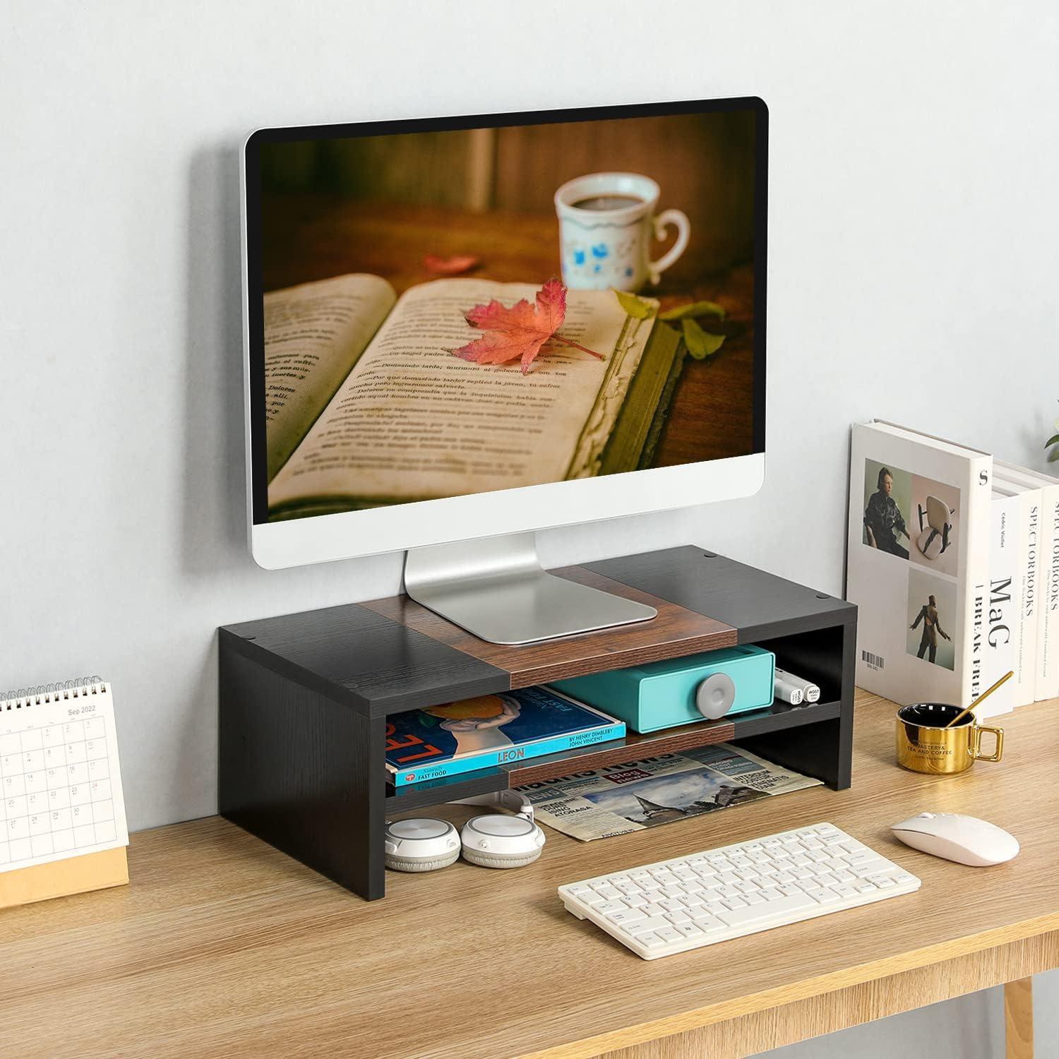 20-Inch Black and Brown MDF Desktop Monitor Stand with Storage