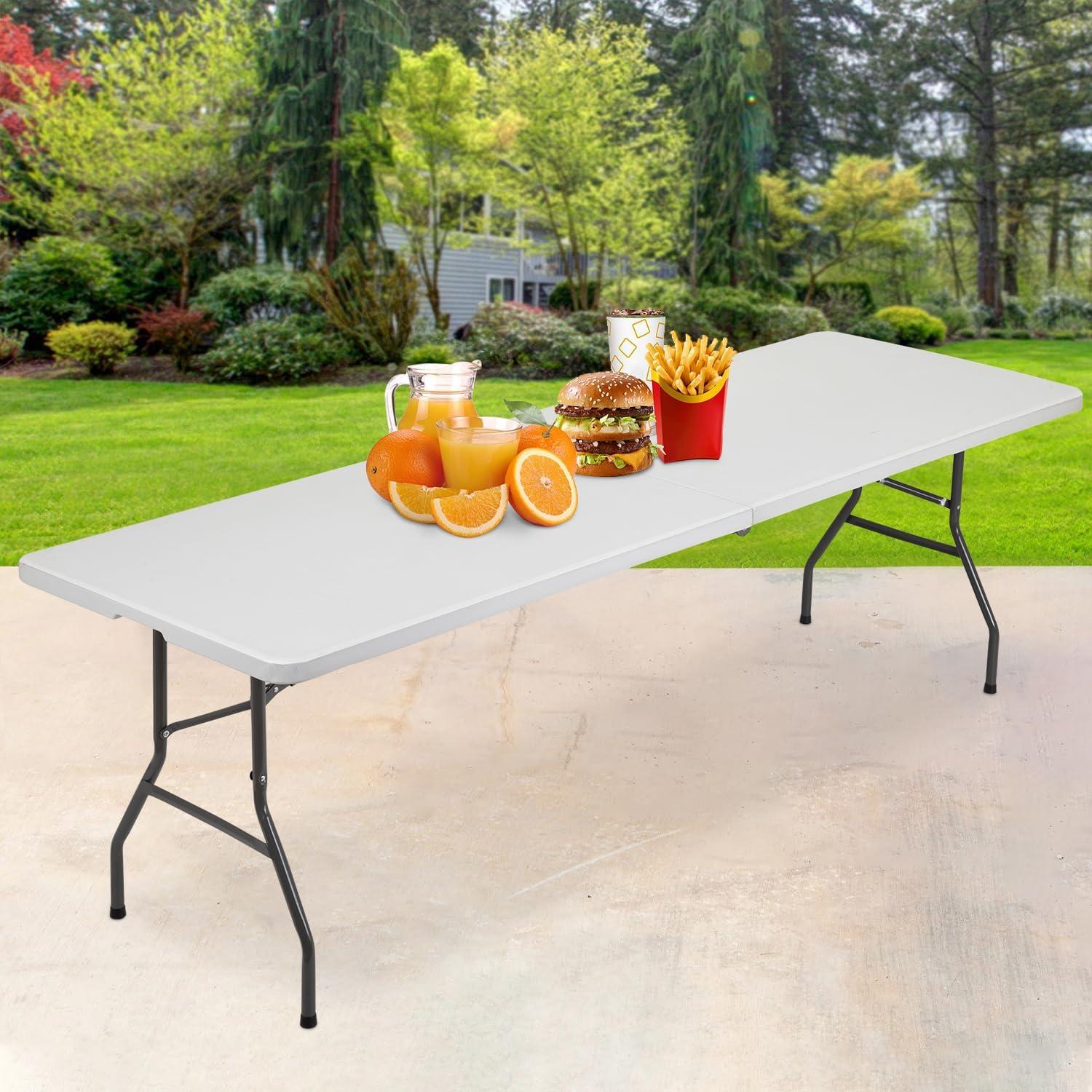 8ft Folding Table Portable Picnic Table, Lightweigh Folding Plastic Table with Handle and Steel Legs Utility Table Dining Lock for Work,Picnic,Party,Camping,White