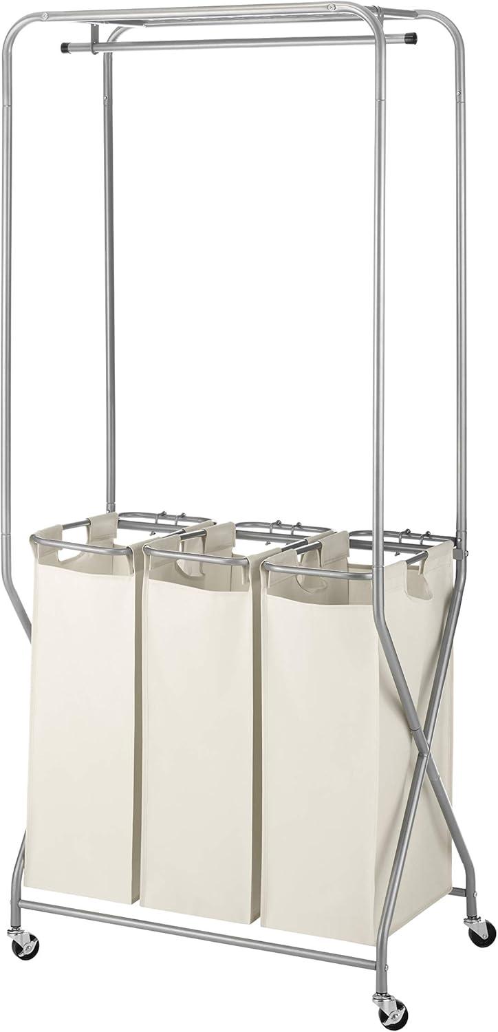 Triple Bag Tan Fabric Laundry Sorter with Wheels