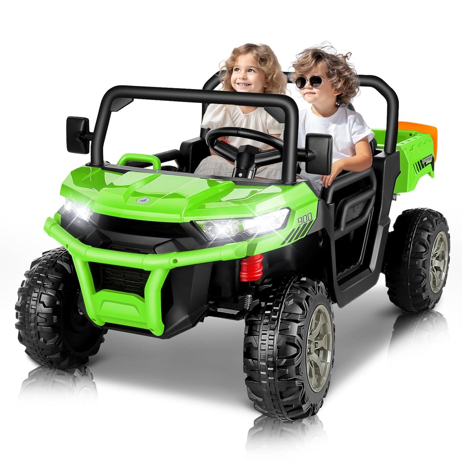 VIBESPARK 24 Volt Ride on Toys with Dump Bed, 2-Seater Ride on Dump Truck, 2×200W Electric Car for Kids Ride on UTV w/ Remote Control, Shovel, Bluetooth, Music, LED Light, 5MPH, Blue