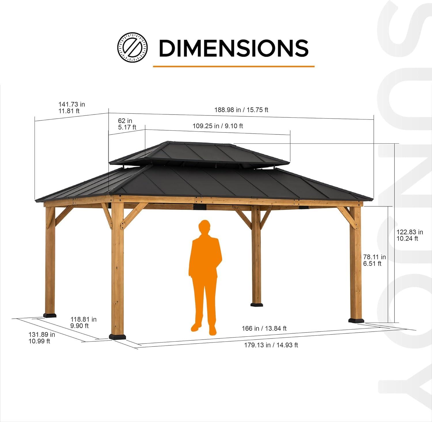 Sunjoy Sunjoy 12x16 ft. Wood Gazebo, Outdoor Patio Steel Hardtop Gazebo, Cedar Framed Wooden Gazebo with 2-tier Metal Roof, Suitable for Patios, Lawn and Backyard