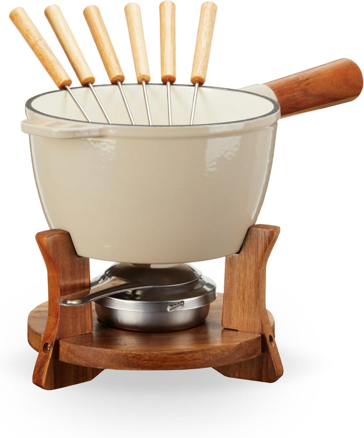 Wood and Cast Iron Fondue Set in Beige