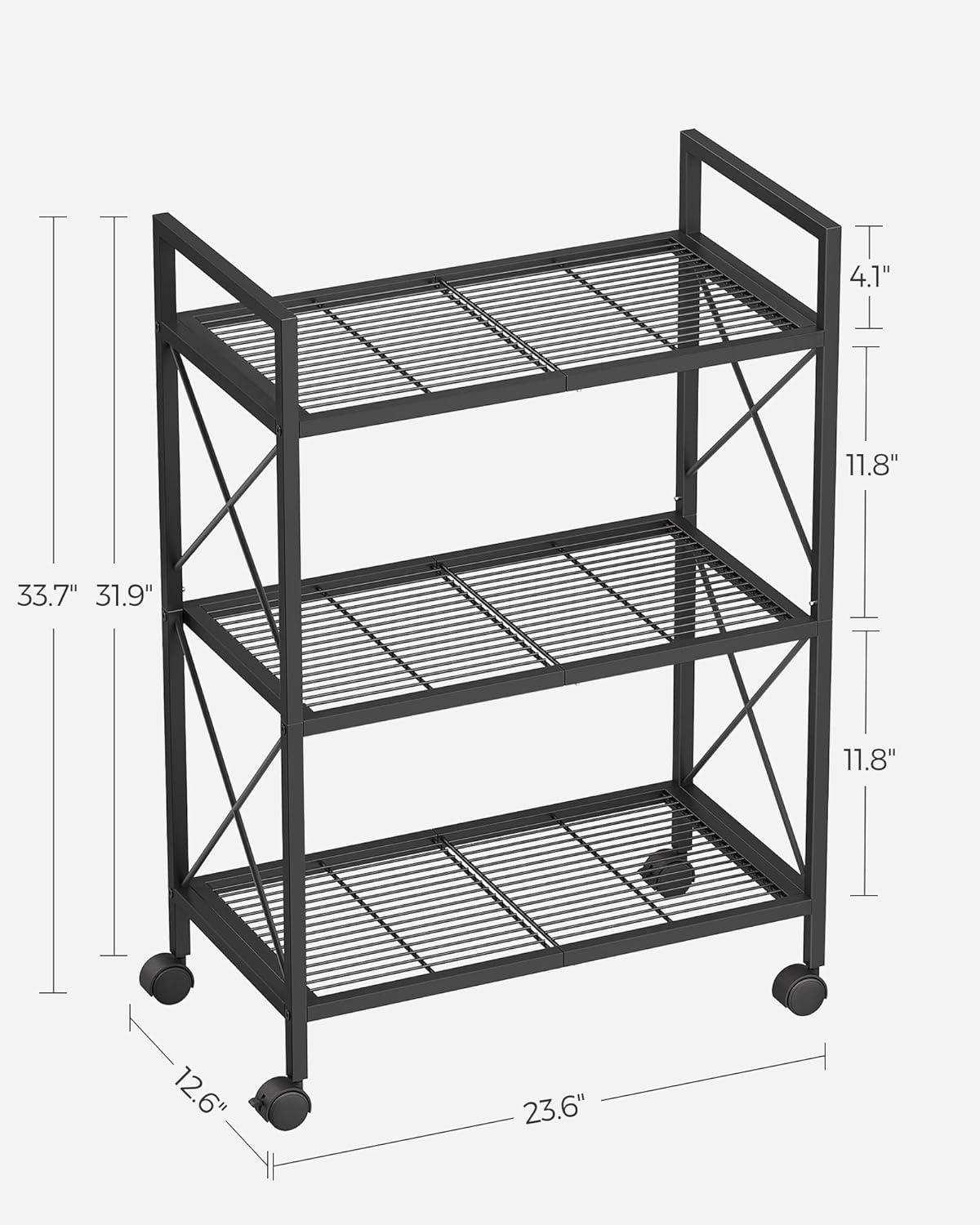 SONGMICS 3-Tier Metal Storage Rack with Wheels, Mesh Shelving Unit with X Side Frames, Black