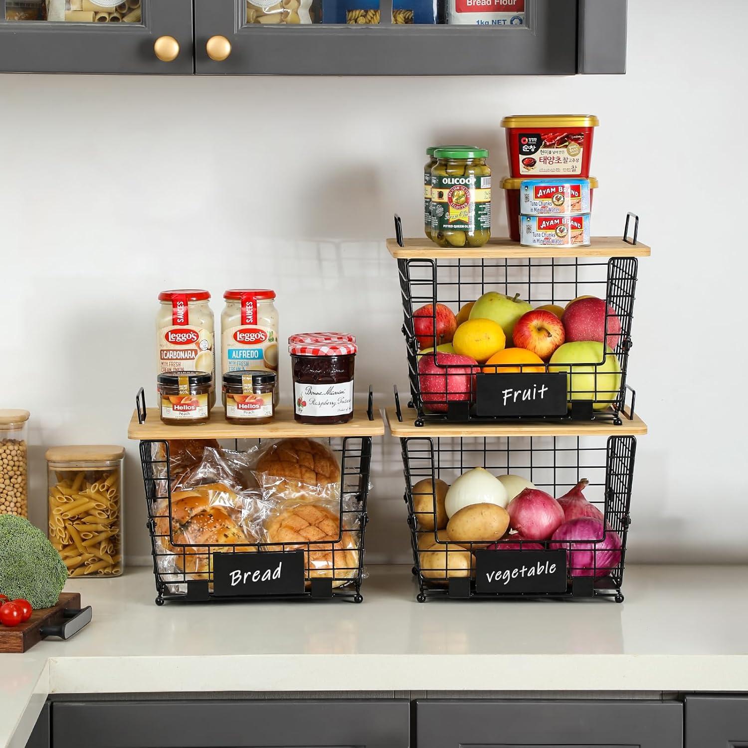 Large Black Stackable Wire Basket with Bamboo Top