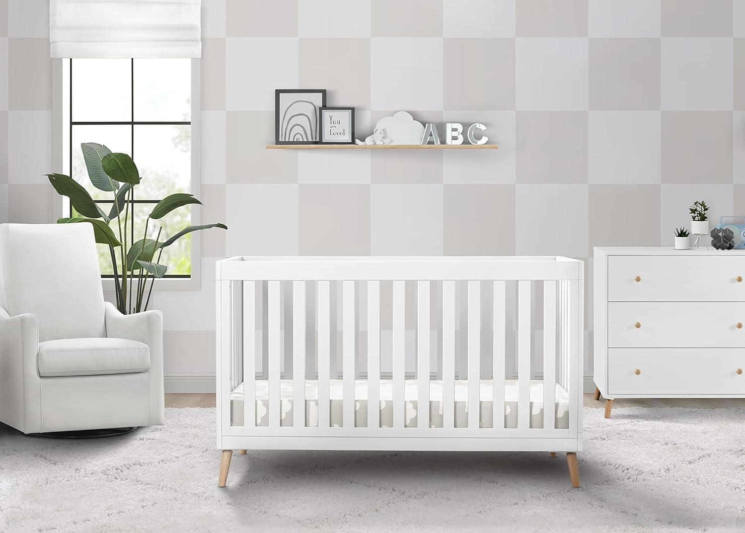 Delta Children Essex 4-in-1 Convertible Baby Crib, Bianca White/Natural Legs