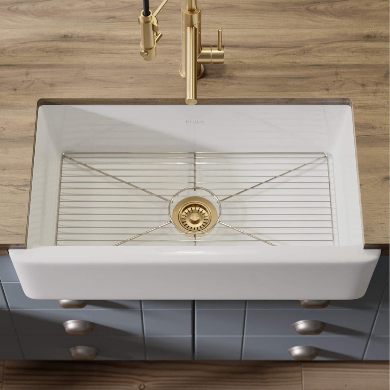 KRAUS Turino™ Reversible 33-inch L Fireclay Farmhouse Flat Apron Front Single Bowl Kitchen Sink with Bottom Grid