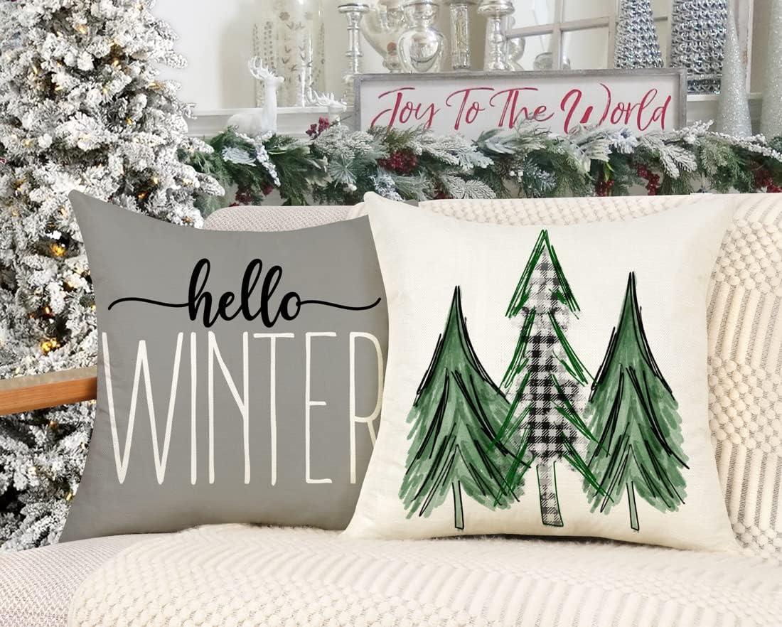 Christmas Pillow Covers 18 x 18 Inch Set of 4  Grey Merry Xmas Tree Snow Hello Winter Decorative Throw Pillowcases Farmhouse Holiday Pillow Cases Decoration for Sofa Couch AA273-18