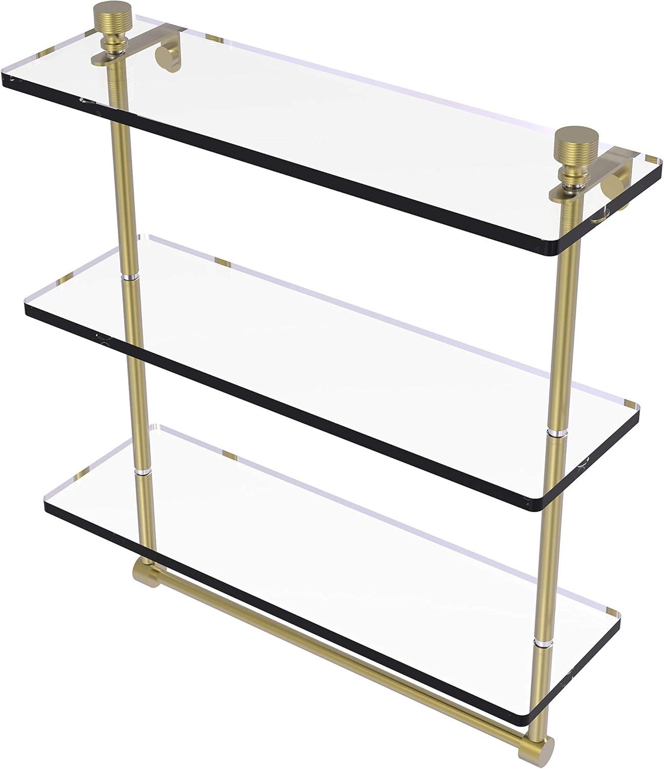 16 Inch Satin Brass Triple Tiered Glass Wall Shelf