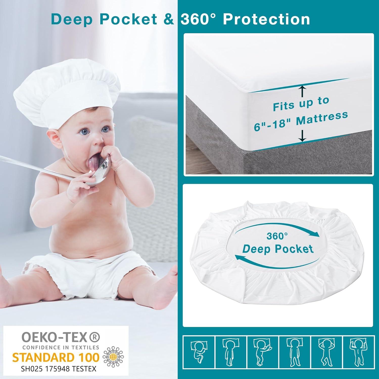 DLD Queen Mattress Protector, Waterproof Breathable Noiseless Queen Mattress Pad with Deep Pocket for 6-18 inches Mattress, White