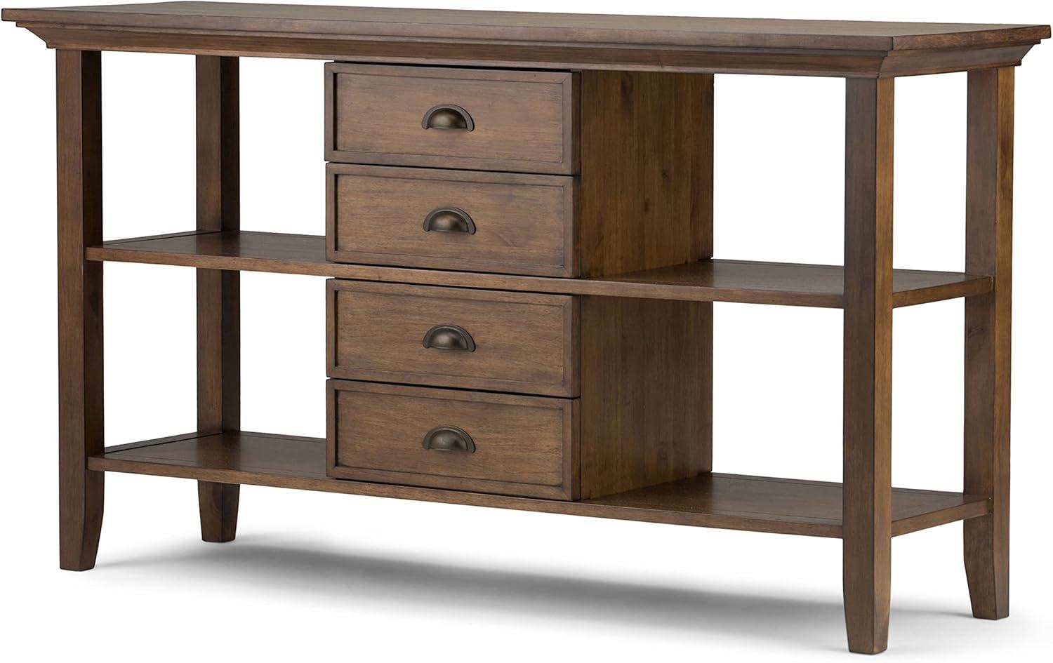 Simpli Home Redmond 54"W Solid Wood Storage Console Table with 4 Center Drawers and Open Shelves