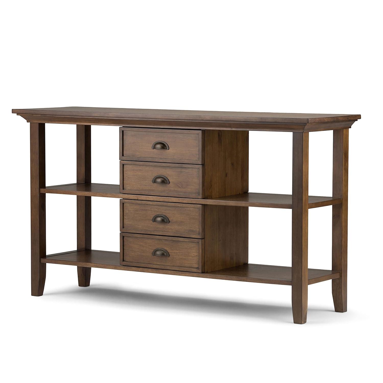 Simpli Home Redmond 54"W Solid Wood Storage Console Table with 4 Center Drawers and Open Shelves