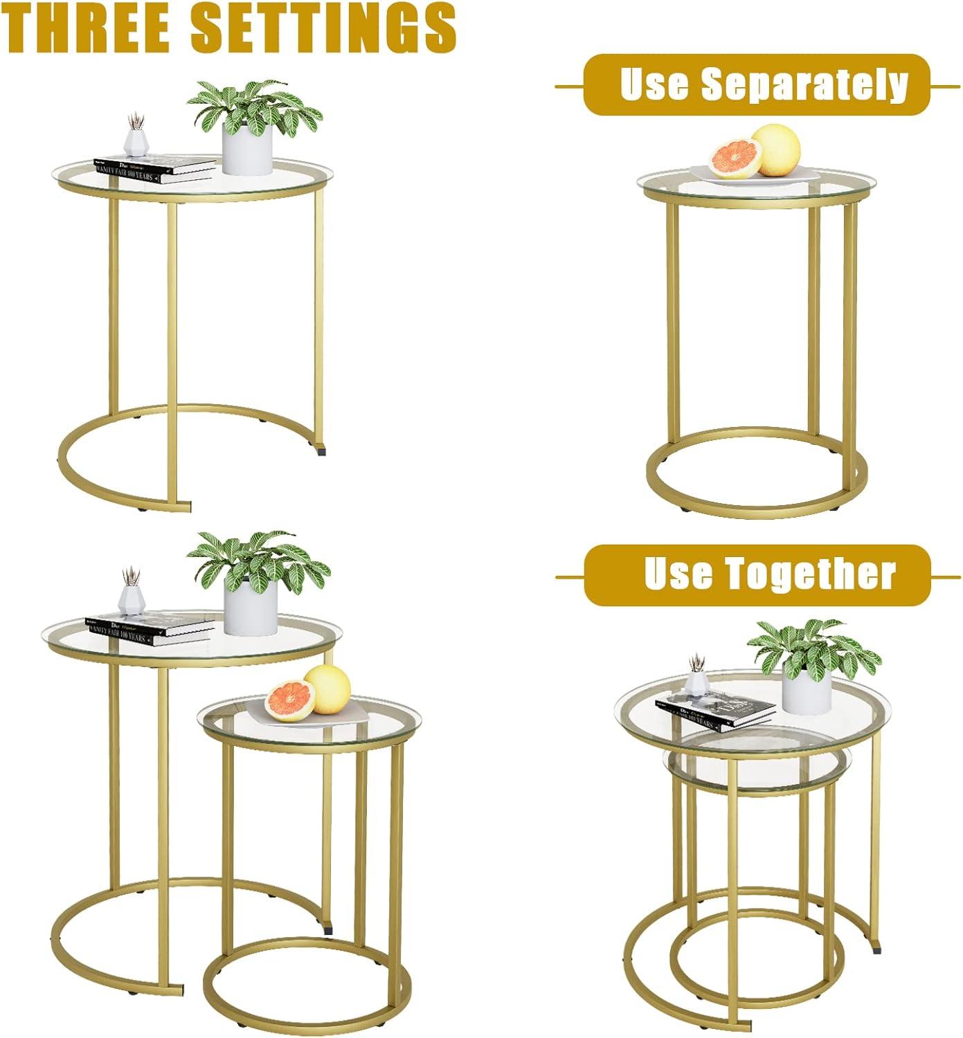 Gold Glass Round Nesting Coffee Table Set with Metal Frame