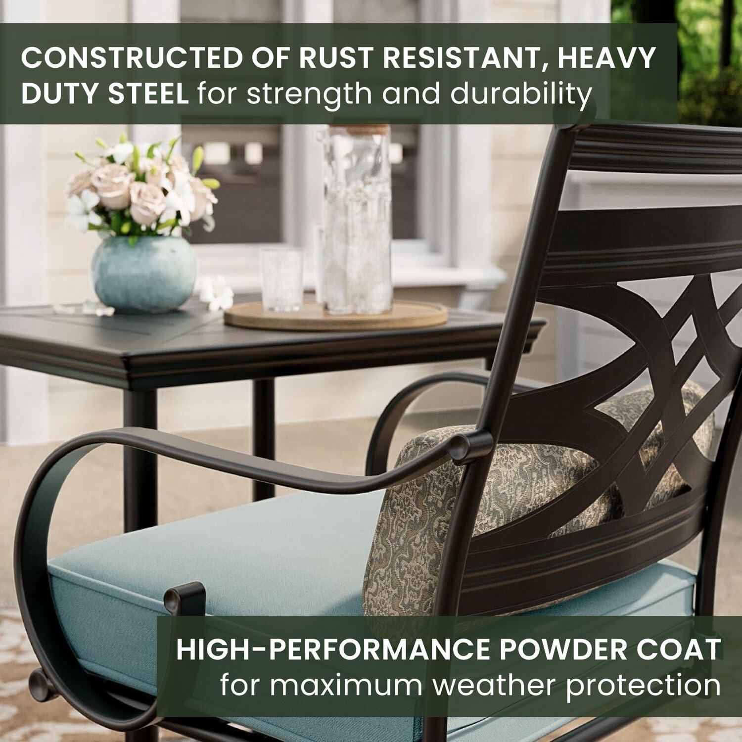 Hanover Montclair 3-Piece All-Weather Outdoor Patio Bistro Dining Set, 2 Swivel Rocker Chairs with Comfortable Seat and Lumbar Cushions, 27" Square Stamped Rectangle Table, MCLRDN3PCSW2-NVY