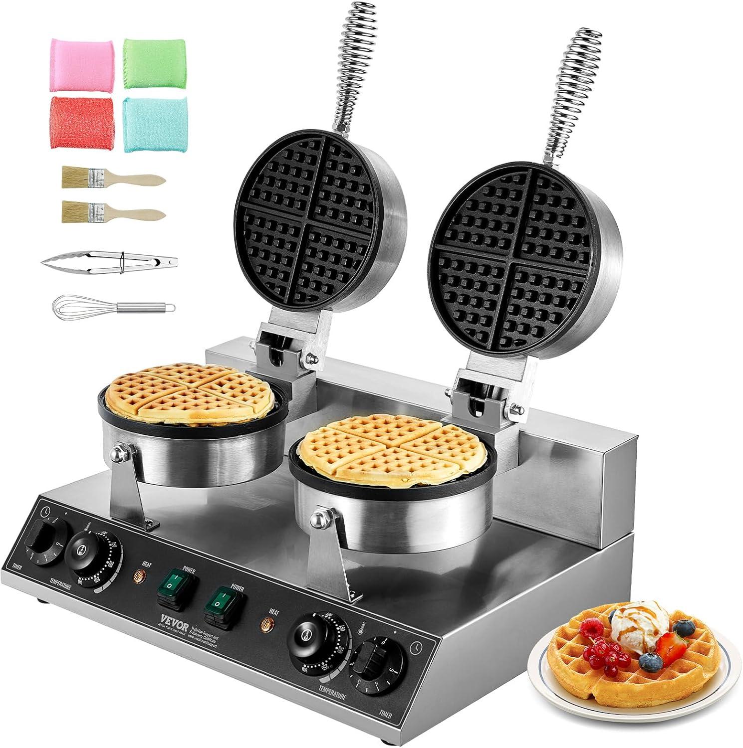 VEVOR Commercial Waffle Maker Dual-Head Round Waffle Iron 2460W Non-Stick