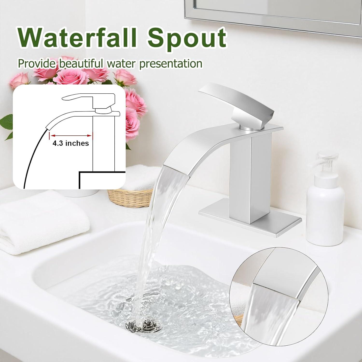 Midanya Waterfall Spout Bathroom Faucet Single Handle 1 Hole Bathroom Sink Faucet,Modern RV Lavatory Vanity Basin Tap with Water Hose,Short Body,Polish Chrome