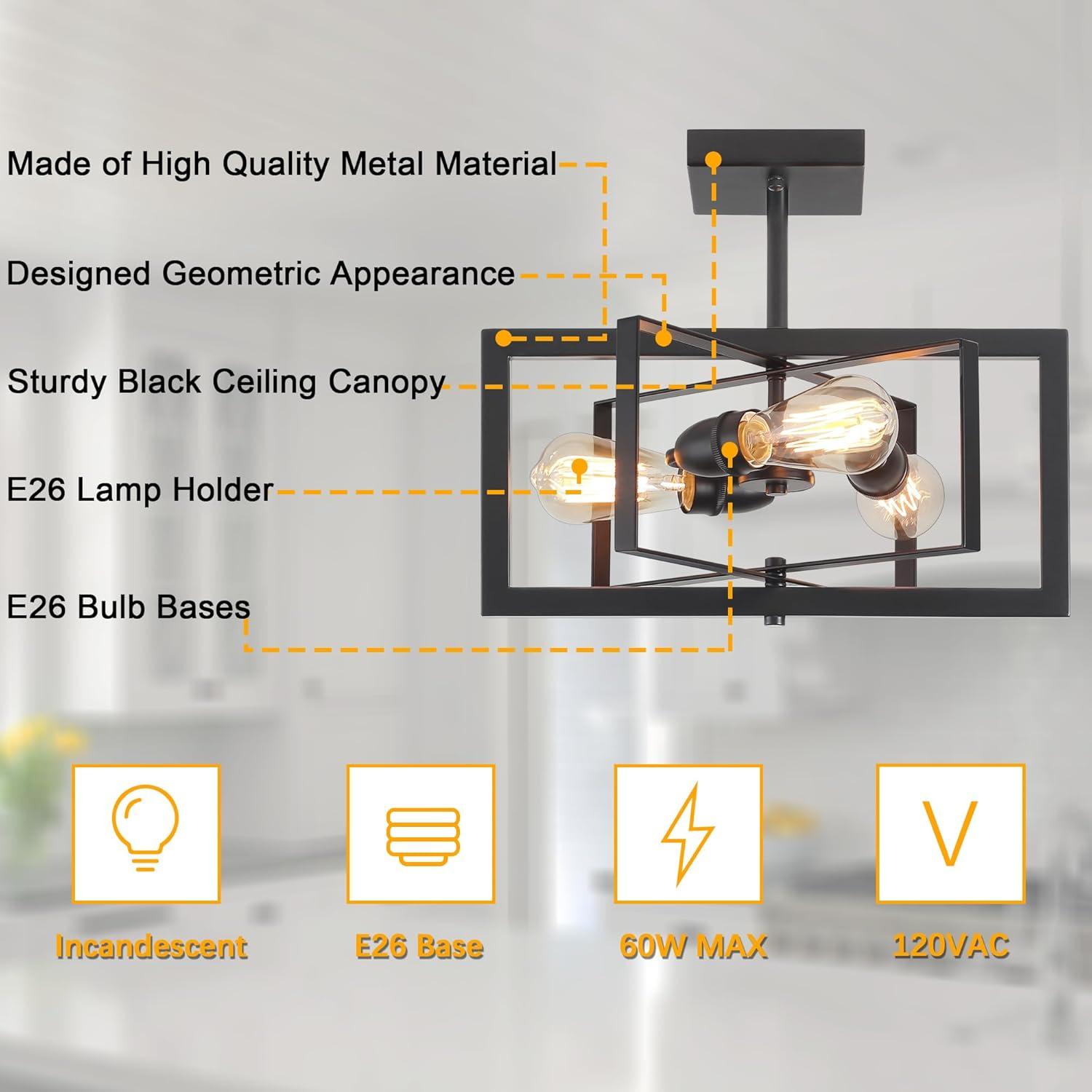 3-Light Black Ceiling Light Fixture for Dining Room Foyer Modern Farmhouse Lighting Fixtures Semi Flush Mount Rectangle Metal Ceiling Light for Bedroom Kitchen Island Entryway 15.74''