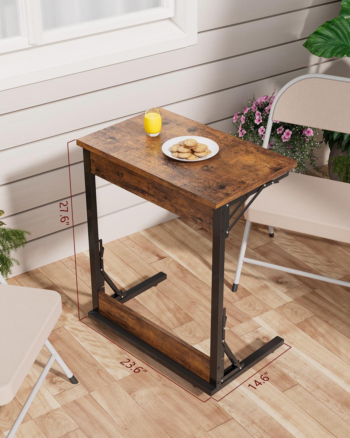 Folding TV Tray Table, 24" Wide C-Shaped End Table for Couches, Small Sofa-Side Laptop Desk with Metal Frame for Living Room, Bedroom, Rustic Brown