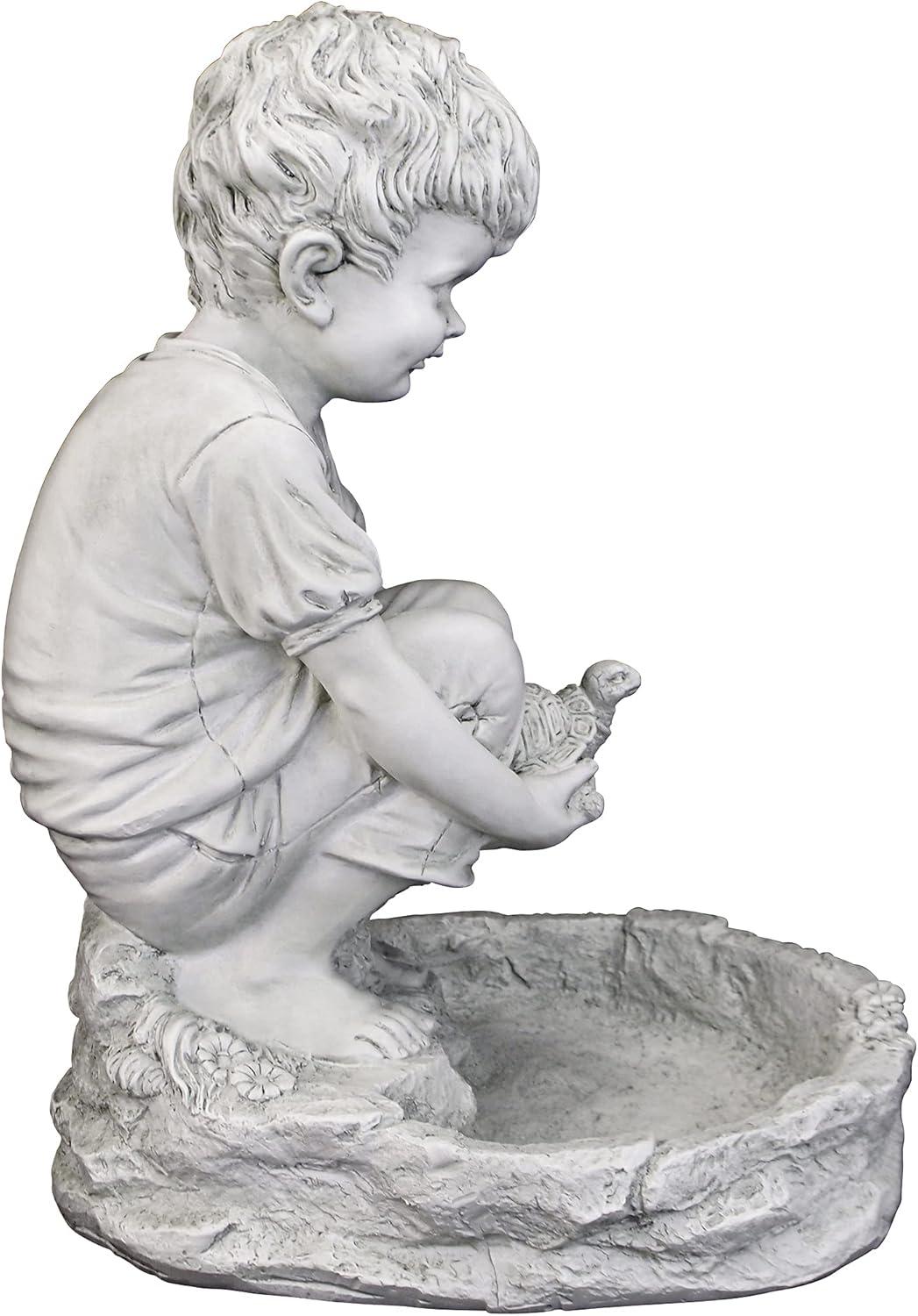 Antique Stone Little Boy with Turtle Garden Statue