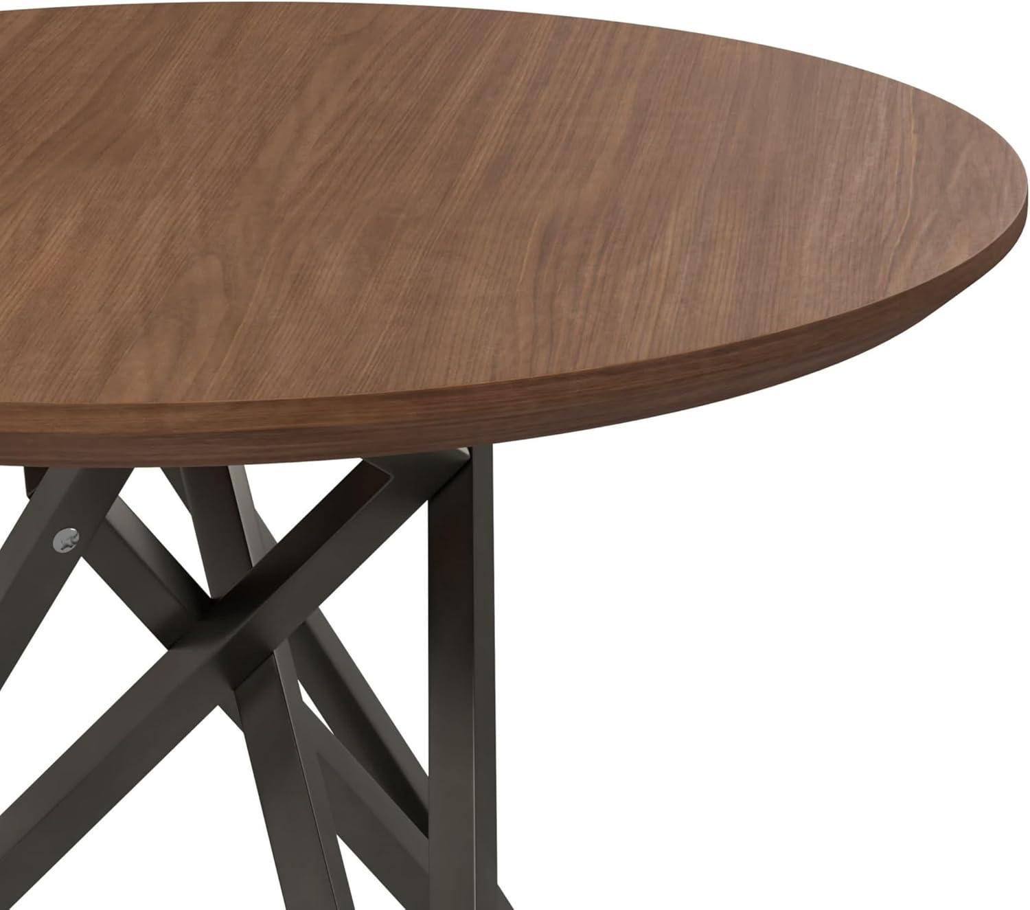 Benjara Kimya 47 Inch Dining Table, Round Wood Top, Angled Steel Legs, Brown, Black