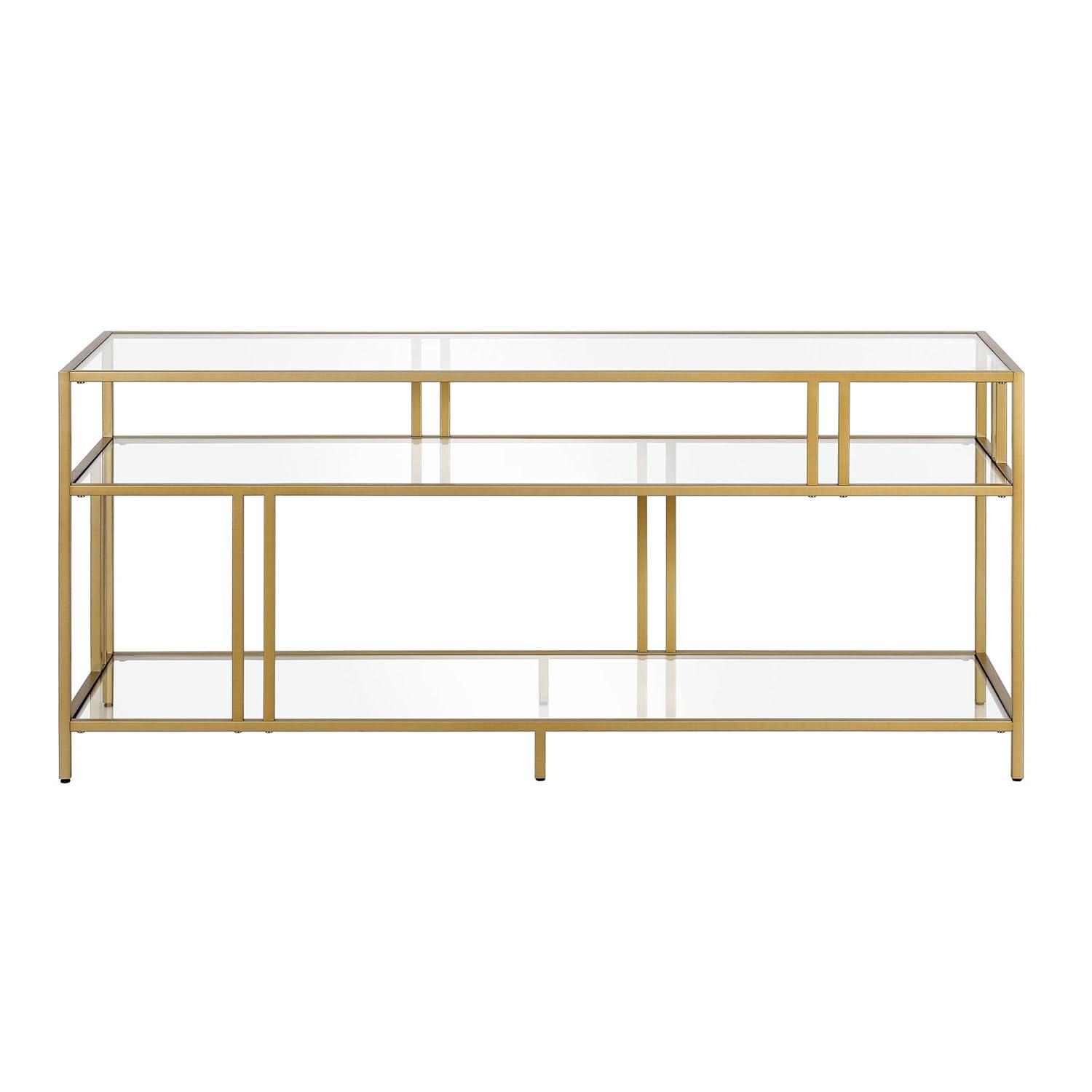 Evelyn&Zoe Cortland 48" Wide Rectangular Console Table with Glass Shelves, Brass