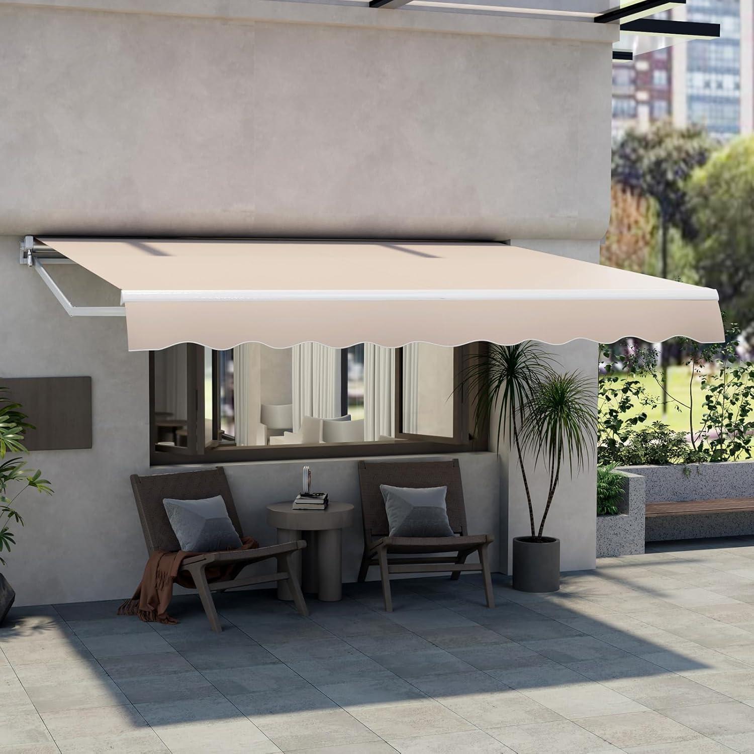 Beige 12' x 10' Retractable Aluminum Patio Awning with Crank Handle