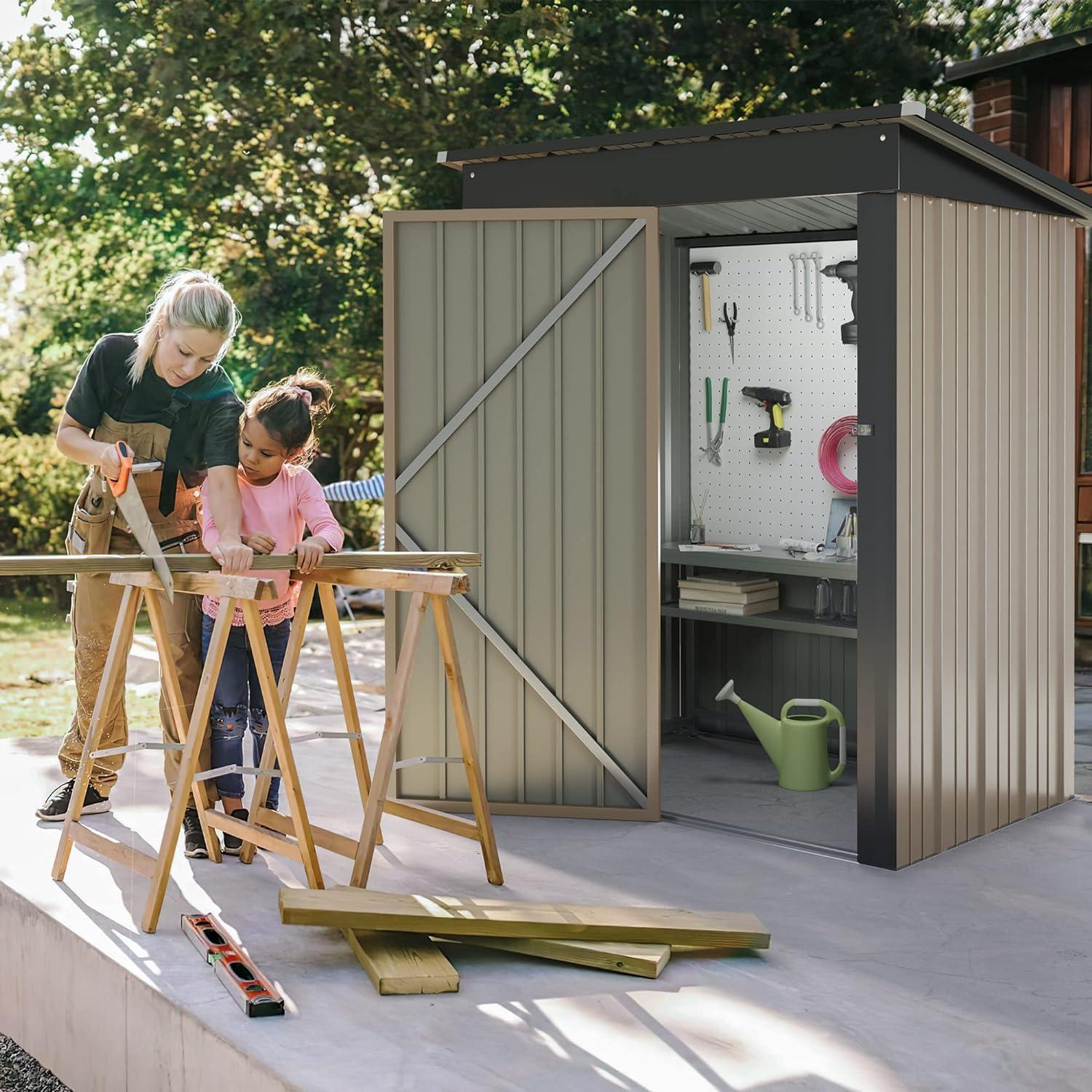 Outdoor Storage Shed 5X3 FT Small Outside Sheds & Outdoor Storage Anti-Corrosion Metal Shed Waterproof Outdoor Storage Cabinet with Door & Lock for Backyard Patio Lawn (Brown)