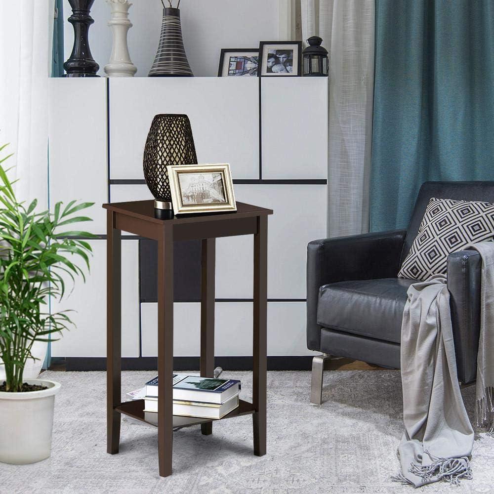 Dark Brown Solid Wood 2-Tier Tall End Table